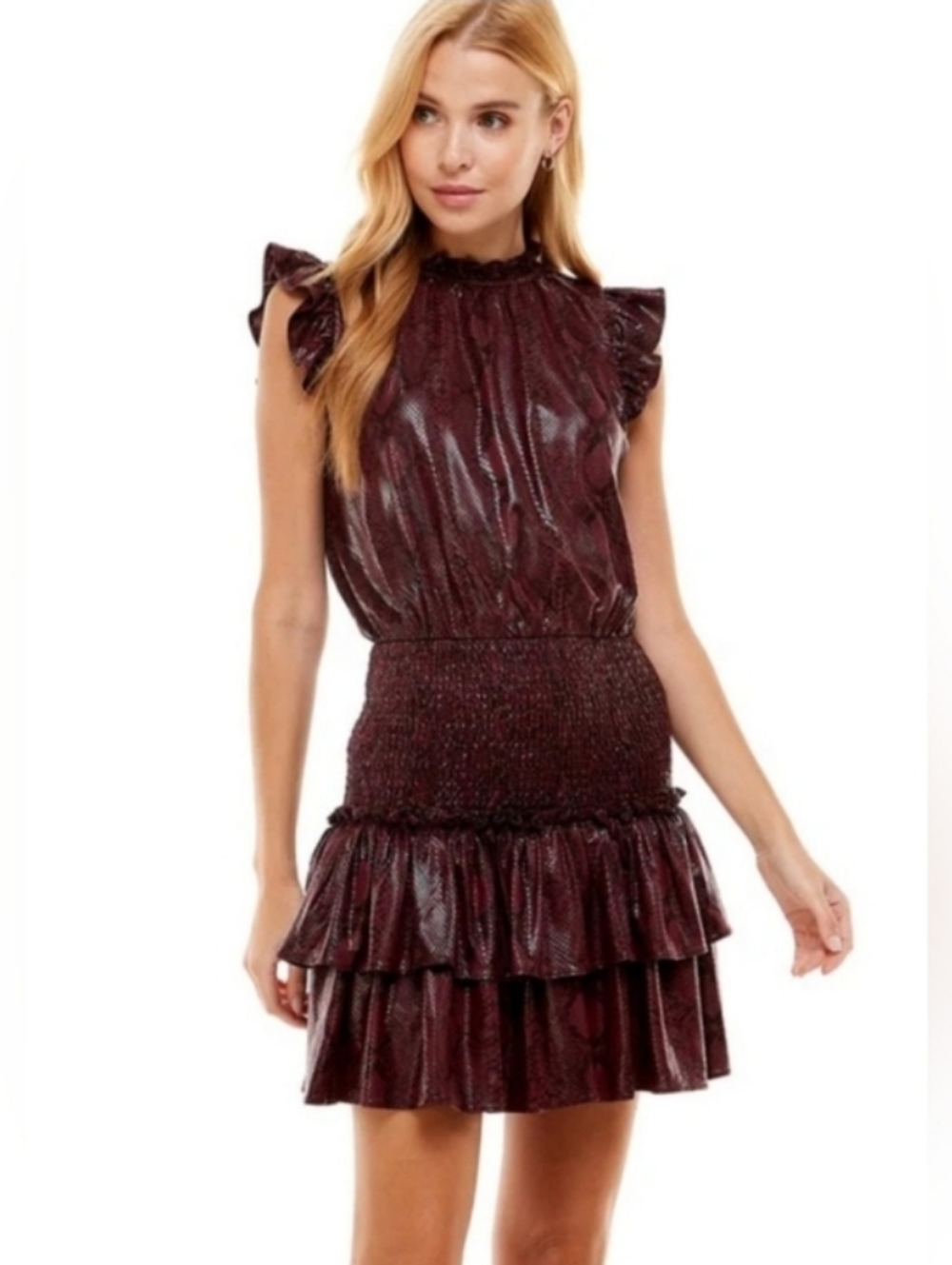 NWT Faux Leather Burgundy Snake-Print Smocked Tiered Ruffle Dress Women's
